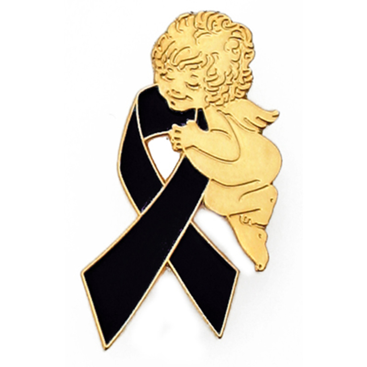 Pinmart's Black Awareness Ribbon Religious Spiritual Angel Enamel Lapel Pin