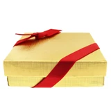 Gold Gift Box with Red Bow and Ribbon side view