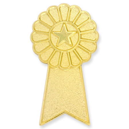 Ribbon shaped pin, gold plated, gold colored solid, no other colors, star icon in the middle or the top of the ribbon - Front view
