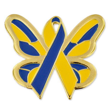 Blue and Yellow Butterfly Ribbon Pin Front