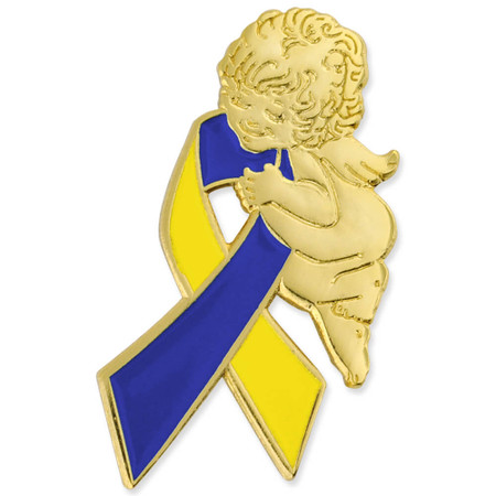 Blue and Yellow Ribbon Angel Pin Front