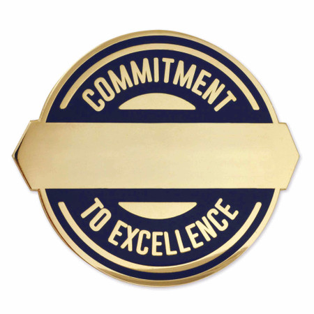 Round gold and navy blue enamel filled pin, banner across the center for a name or message, pin says the words commitment to excellence- Front view