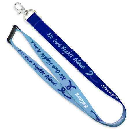 Image of the full Blue Awareness Ribbon Lanyard showing each side dark and light blue, word detail and attached swivel thumb hook