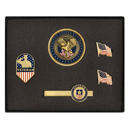 Our Veteran 4-Piece Men’s Accessory Gift Set comes with a United States Veteran 3D Challenge Coin, Veteran Shield Lapel Pin, Veteran Shield Circle Tie Clip, and a set of Waving American Flag Cufflinks.