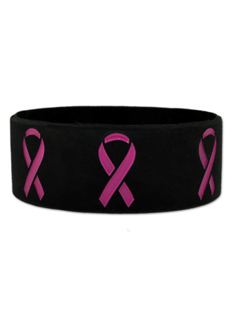Breast Cancer Pink Ribbon Black Rubber Bracelet 1 Inch Wide