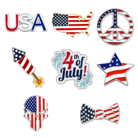 Patriotic American Flag Enamel Lapel Pins - 8pc set