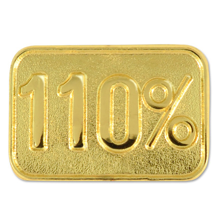 gold plated lapel pin, text reads 110%, pin looks like a gold bar - Front view