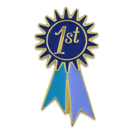 Gold plated, Blue enamel filled ribbon shaped lapel pin, 1st written in gold on top of the ribbon - Front view