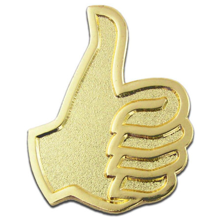 Gold plated pin, shaped hand with Thumbs up, raised outline around hand, all gold colored - Front view