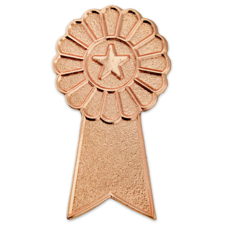 Ribbon shaped pin, bronze colored solid, no other colors, star icon in the middle of the top of the ribbon - front view