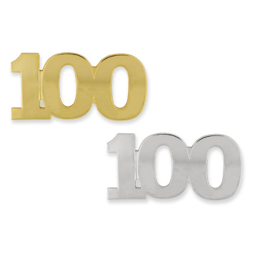 100 pin in gold and silver front view Number 100 Pin