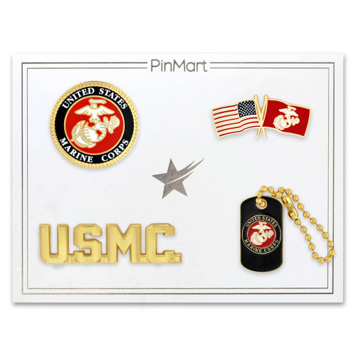 Officially Licensed U.S.M.C. 4-Pin Set on a PinMart White Stock Presentation Card Officially Licensed U.S.M.C. 4-Pin Set