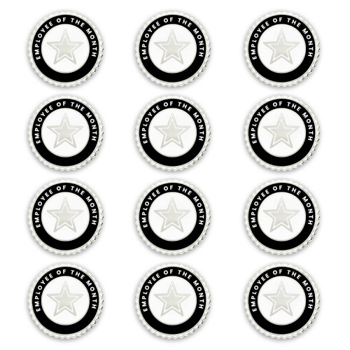 12-piece pin set, Round, nickel plated with black and white enamel. Employee of the Month written text with a star design in the center. Star Employee of the Month 12-Pin Set