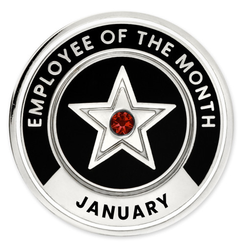 Round, silver colored pin with black, white enamel colors, text Employee of the month, bottom is the month, Star in center with rhinestone - Front View Employee of the Month Lapel Pin