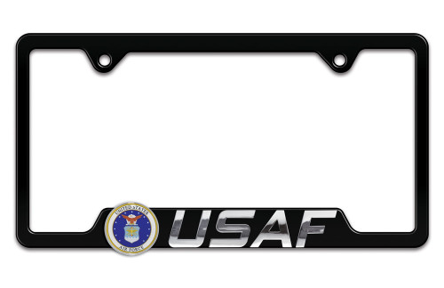 Officially Licensed US Air Force 3D Black Metal License Plate Frame has a shiny black finish. Across the bottom of the frame in a finish chrome is USAF in a large 3D print with an epoxy covered circle print of the Air Force insignia coated on the left. Also includes 2 screw holes at the top of the frame. Officially Licensed U.S. Air Force 3D Black Metal License Plate Frame