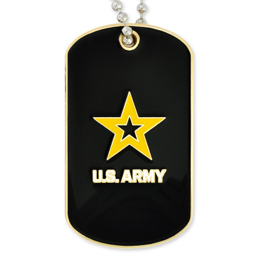 Front facing U.S. army dog tag rectangular with curved top and bottom gold border black background with U.S. Army yellow star Officially Licensed Engravable U.S. Army Dog Tag
