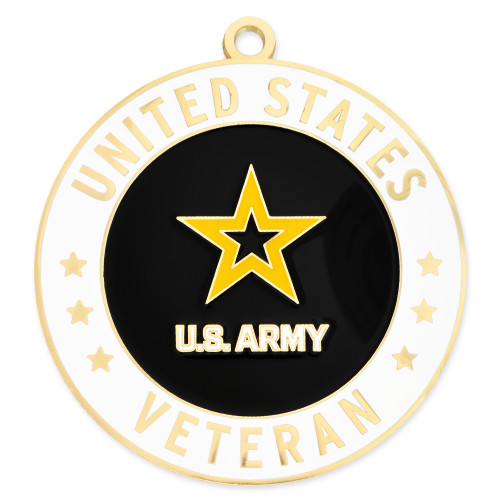 Front facing U.S. Army Veteran Ornament with black Army emblem with yellow star and white and gold lettered border with phrase United States Veteran Officially Licensed Engravable U.S. Army Veteran Ornament