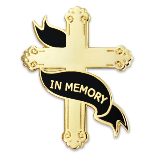 Engravable Memorial Cross Pin Gold Cross With Black Banner With Text In Memory Front Engravable Memorial Cross Pin