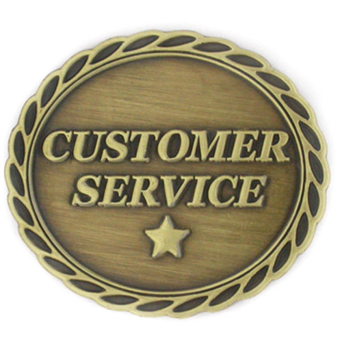 oval lapel pin, entire pin is antiqued bronze color, text reads Customer Service, star icon under the letters in the center - front view Customer Service Star Pin