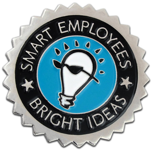 round pin with scalloped edge, text says Smart Employees Bright Ideas, Light bulb in center with black and blue enamel colors - Front view Smart Employees Pin