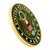 This is an angled view on the front side. Officially Licensed Engravable U.S. Army Coin is two sided and gold plated. Front side - Green army eagle insignia , with a thick black border that includes United States Army and small stars in it. Back side - waving crossed flags of the American flag and a black army flag with the U.S. Army on it. Below is the black banner with This We'll Defend inside. At the bottom is a large gold blank space for engraving.