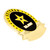This is an angled view of the front side Officially Licensed Engravable U.S. Army Veteran Pin. The pin is gold plated and includes a curved blank banner at the bottom as a space for engraving. The pin is black with the Army star logo in yellow and U.S. Army in the center and a thick yellow border with the words Veteran and 10 stars in it.