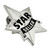 star shaped, nickel plated pin, text reads Star Seller with black enamel color, the word seller is in an elegant banner across the star - Side view