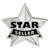 star shaped, nickel plated pin, text reads Star Seller with black enamel color, the word seller is in an elegant banner across the star - Front view