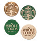 Wood Pin samples showing the Starbucks logo and Whole Foods logo as an engraved wood pin and a green color printed wood pin