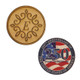 Custom Wooden Tokens displayed in both engraved wood, monogram E and color printed wood America 250th samples