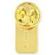 Tall rectangle-shaped, gold-plated pin, male figure in the center of the shape, arms raised, holding a star shape. All gold colored - Black view