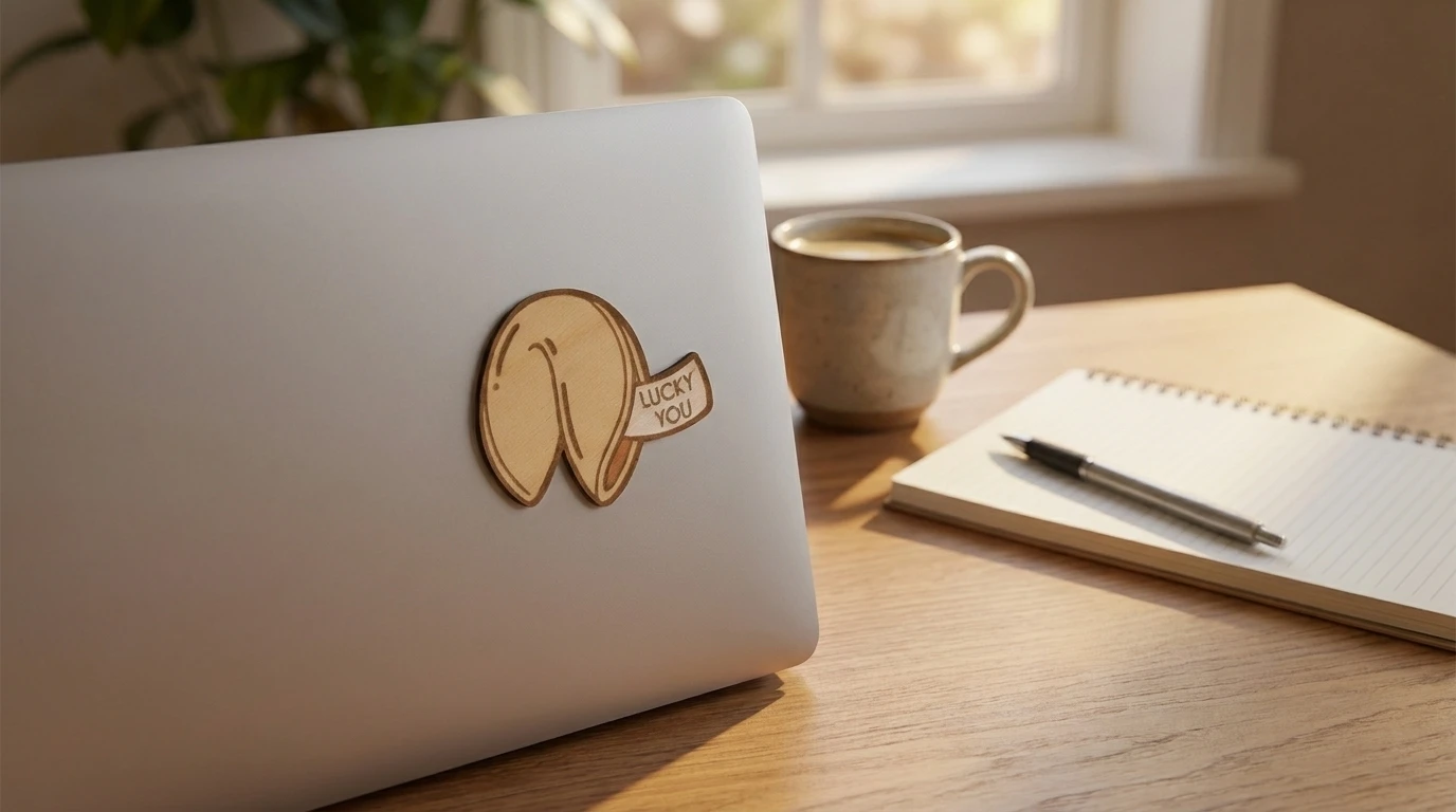 furtune cookie wood + adhesive displayed on a laptop