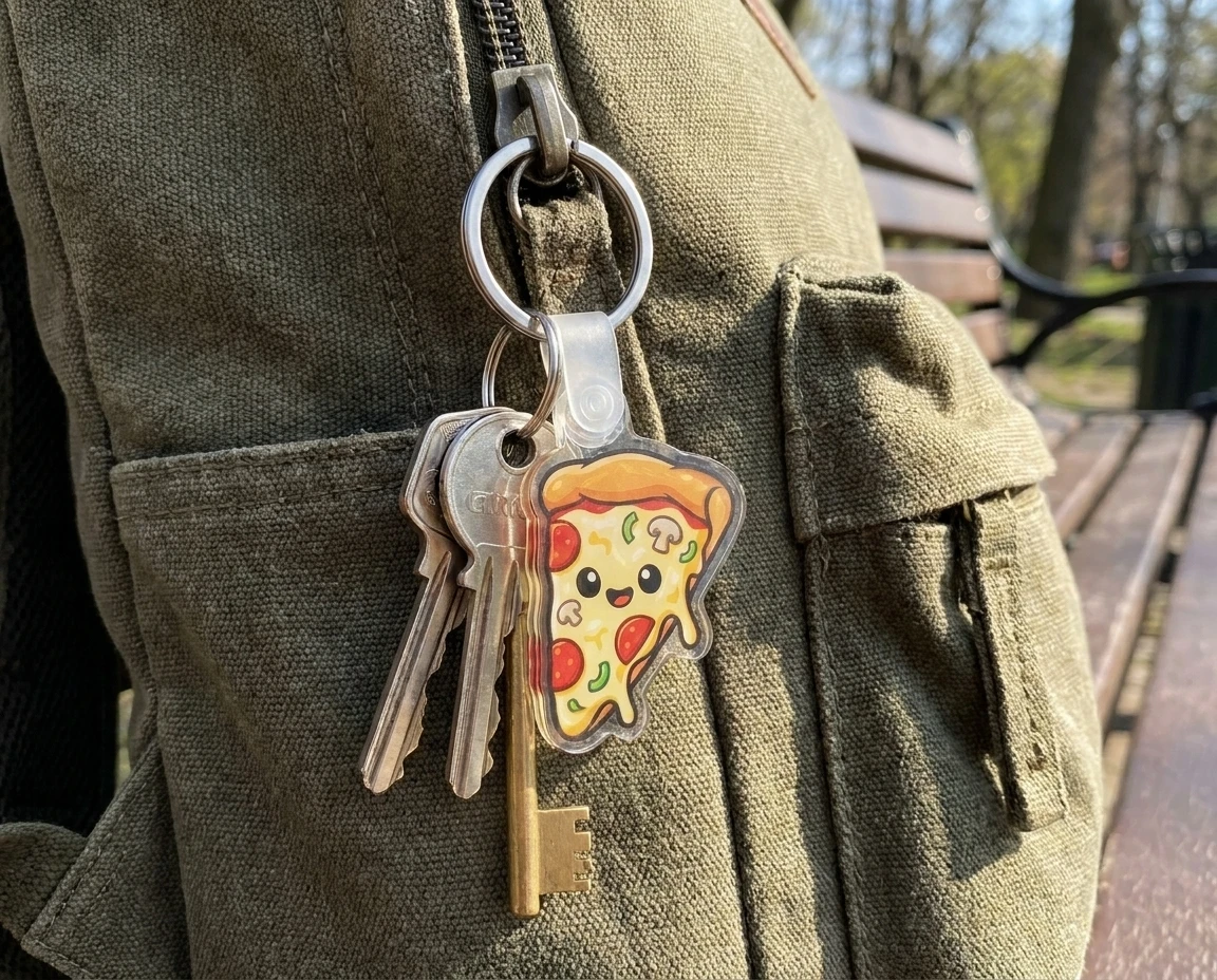 pizza custom acrylic keychain hanging on keys attached to pants