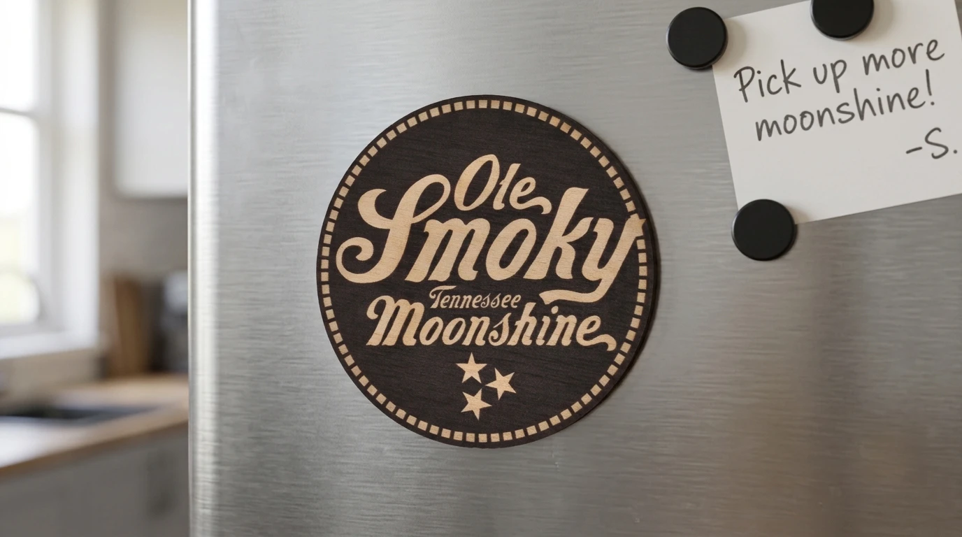 wood magnet sample displayed on a refrigerator