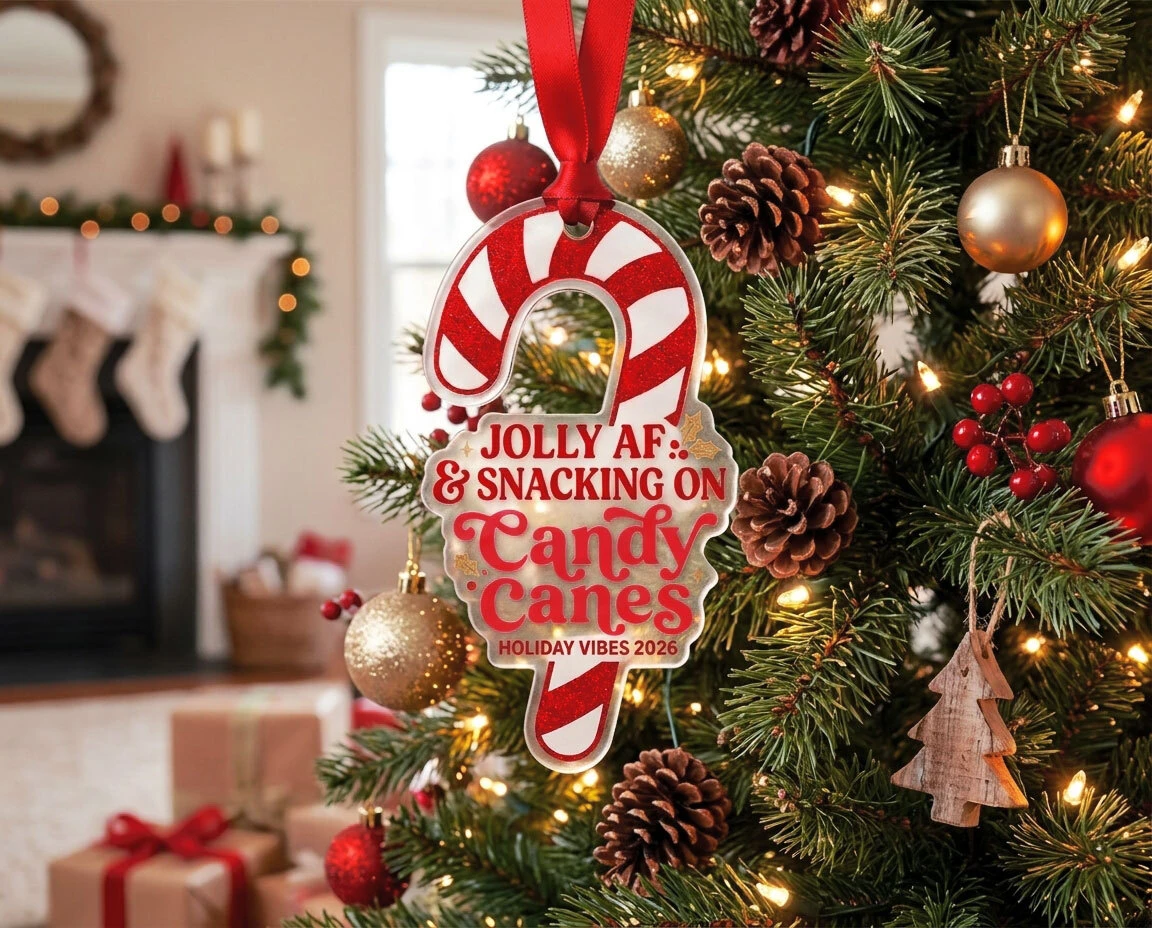 Custom Acrylic candy cane ornament hanging on a christmas tree