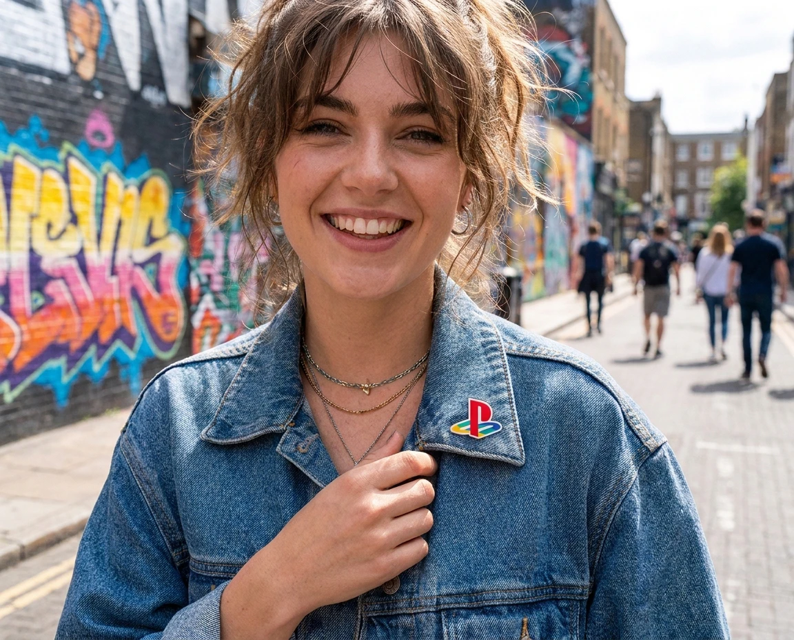 girl in jean jacket with custom acrylic pin on her lapel