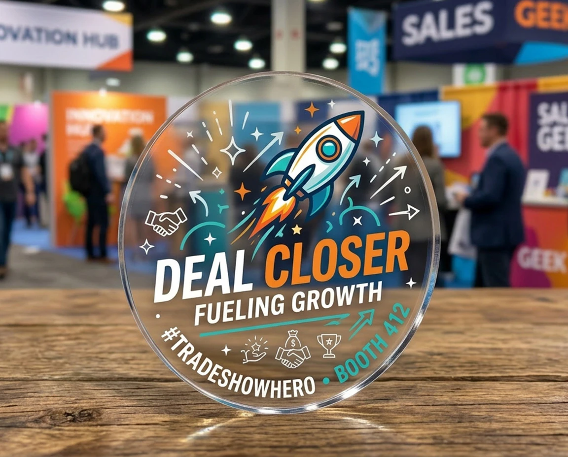 close up of a round acrylic token for tradeshow awards