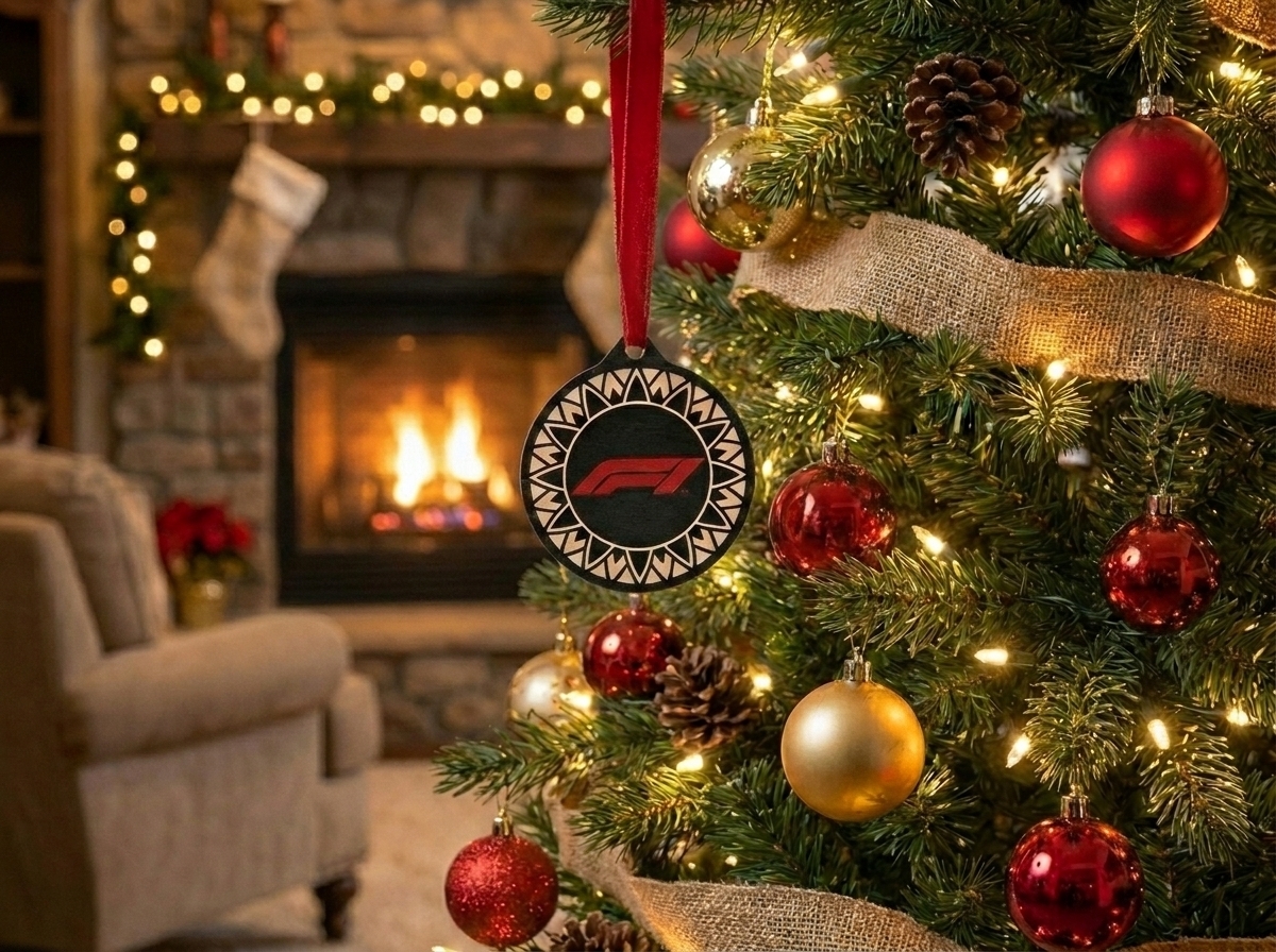 color printed wooden ornament hanging on a christmas tree