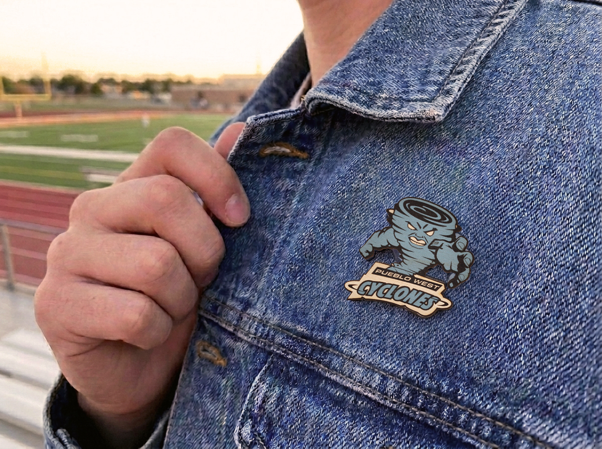 color printed wooden pin on a denim jacket