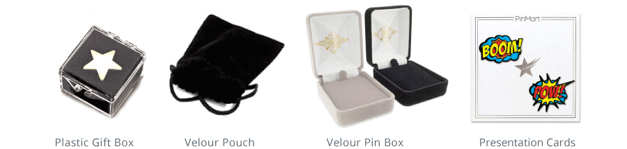 Pin packaging including Plastic Gift Box, Velour Pouch, Velour Pin Box, and Presentaion Cards