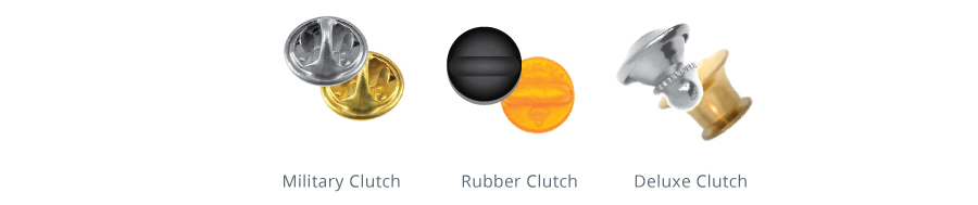 Pin attachments including Military clutch, Rubber Clutch, and Deluxe Clutch