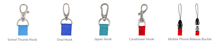 Upgraded lanyard attachments including Swivel Thumb Hook, Oval Hook, Japan Hook, Carabineer Hook, and Mobile Phone Release Buckle
