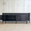 Full-length view of the Louis Curved Buffet with doors open, showcasing the interior space and shelves