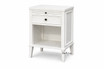 A front angled view of the Lando 1 Drawer Bedside Table/Side Table highlighting tapered legs, and open shelf.