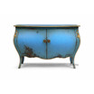 The Hyacinth Bombe Commode front view showing curved silhouette and aged blue distressed finish and patina.