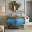 The Hyacinth Bombe Commode front styled view showing curved silhouette and aged blue distressed finish and patina.