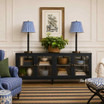 Designer living room storage unit with glass front panels and shelving