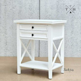 Corner angle shot displaying the precise joinery and classic design of the bedside table