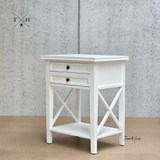 Angled shot displaying the precise joinery and classic design of the bedside table