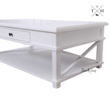 Image focusing on the lower shelf, ideal for displaying books or decorative items, enhancing the table’s functionality